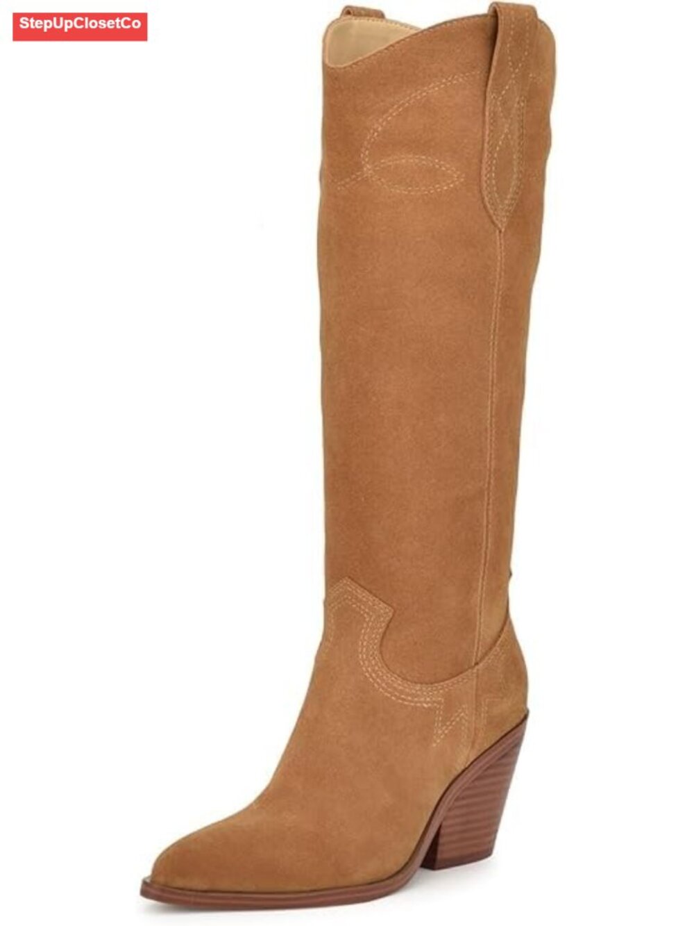 Suede Knee High Cowgirl Boots Pointed Toe Block Heel Western Embroidered